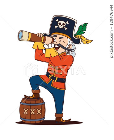 Cartoon pirate and corsair sailor character, captain in tricorn hat with skull emblem looks through spyglass standing confidently with one foot on a barrel. Vector groovy fun and adventurous personage 129476944