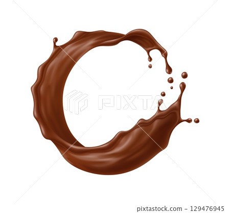 Round circle chocolate drink wave splash forming dynamic spiral with droplets. Vector fluid cocoa liquid in motion exudes delicious energy. Isolated 3d vector choco dessert flow stream with splatters Round circle chocolate drink wave splash forming dynamic spiral with droplets. Vector fluid cocoa liquid in motion exudes delicious energy. Isolated 3d vector choco dessert flow stream with splatters 129476945