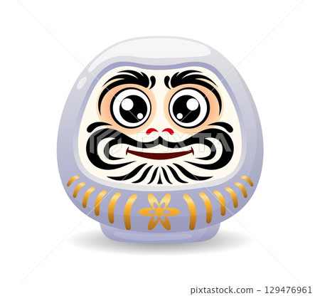 Cartoon white Japanese daruma doll with expressive eyes, smile and traditional facial ornaments. Isolated vector decorative souvenir, Asian symbol of motivation, perseverance and luck in japan culture 129476961