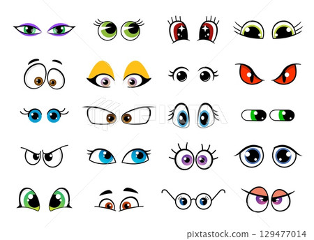 Cartoon character eyes with colorful pupils. Vector set of eyes showcasing a wide variety of emotions and expressions happy, angry, surprised, sleepy and quirky. Kit for animation, comics, avatars 129477014