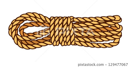 Cartoon groovy corsair and pirate coiled rope featuring thick, twisted, textured strands and and neatly tied, representing strong and durable material used for sailing, ranching and climbing 129477067