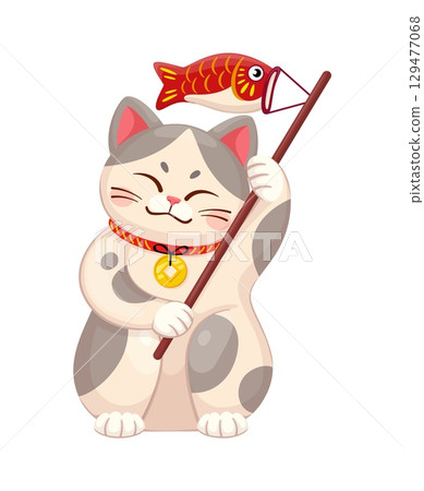 Maneki neko Japanese lucky cat with koi fish kite for luck and fortune, cartoon vector. Maneki neko cat animal toy character with Chinese koi fish kite, golden coin on collar and happy smile for luck 129477068