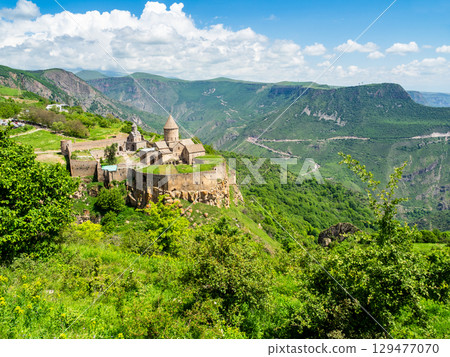 above view of Tatev Monastery in green mountains 129477070