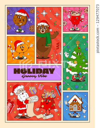 Christmas characters on groovy holiday posters. Festive cartoon vector collage featuring cheerful Santa, cookies, ornaments, Xmas tree and cocoa mug all wearing Santa Claus hats and dancing joyfully 129477073