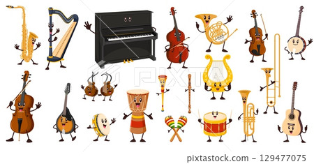 Cartoon funny musical instrument characters. Happy guitar, drum, violin and piano, saxophone, trumpet and harp vector personages. Classical music orchestra and jazz band acoustic musical instruments Cartoon funny musical instrument characters. Happy guitar, drum, violin and piano, saxophone, trumpet and harp vector personages. Classical music orchestra and jazz band acoustic musical instruments 129477075