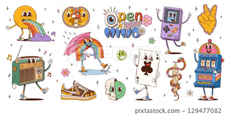 Cartoon groovy retro characters, psychedelic objects and surreal personages. Vector rainbow, vintage radio, slot machine, game console, playing card, sneaker, peace sign, skull and snake wrapped staff Cartoon groovy retro characters, psychedelic objects and surreal personages. Vector rainbow, vintage radio, slot machine, game console, playing card, sneaker, peace sign, skull and snake wrapped staff 129477082