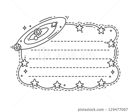 Space Solar System kids memo note template. Child scrapbook vector label, lessons schedule memo note. Kids planner To Do list frame or kid diary sticker with Sun and planets orbits, space stars Space Solar System kids memo note template. Child scrapbook vector label, lessons schedule memo note. Kids planner To Do list frame or kid diary sticker with Sun and planets orbits, space stars 129477087