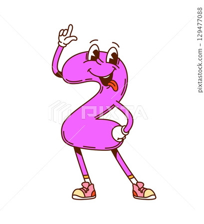 Cartoon groovy math number 2 two character. Kids education digit retro isolated vector happy character, math number funny groovy mascot. Arithmetic and math symbol cheerful Y2K purple personage 129477088