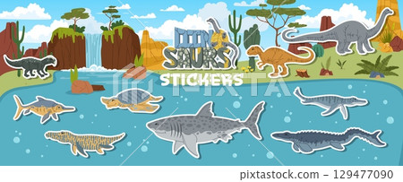 Prehistoric era land and water dinosaur characters stickers pack. Prehistoric extinct reptile lizard vector tag. Megalodon, Vulcanodon, Allosaurus and Liopleurodon, Tylosaurus, Archelon dino stickers 129477090