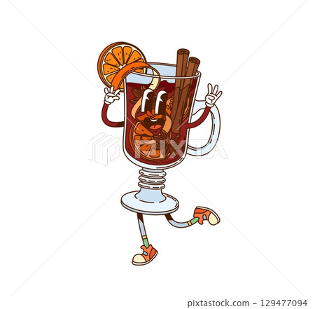 Mulled wine drink cup retro groovy character. Christmas season warm beverage with cinnamon, anise and orange peel funky vector personage. Mulled wine drink glass groovy cheerful character or mascot Mulled wine drink cup retro groovy character. Christmas season warm beverage with cinnamon, anise and orange peel funky vector personage. Mulled wine drink glass groovy cheerful character or mascot 129477094