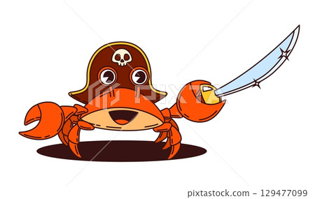 Cartoon crab animal pirate and corsair crew character. Vector groovy crustacean underwater captain personage brandishes a shiny saber, donning a tricorn hat and ready for adventure on the high seas 129477099