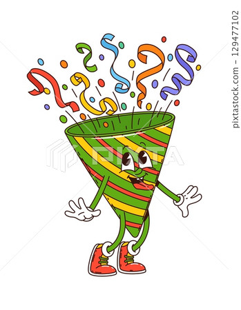 Cartoon groovy birthday character in holiday party hat with confetti, vector emoji. Groovy birthday hat with funny silly face, freaky tongue out and confetti for party celebration comic character 129477102
