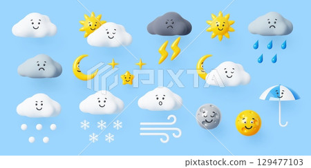 3d weather characters, cartoon vector icon set featuring cheerful and sad clouds, sun, moon, stars, lightning, snow, rain and wind with expressive faces. Funny personages for weather forecast apps 3d weather characters, cartoon vector icon set featuring cheerful and sad clouds, sun, moon, stars, lightning, snow, rain and wind with expressive faces. Funny personages for weather forecast apps 129477103