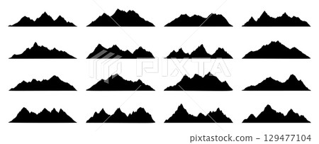 Black rock, hill and mountain silhouettes. range of rocky landscape shapes. Isolated vector monochrome ridges. Alps with summit peaks set of elements for adventure, rocks climbing, travel and hiking 129477104