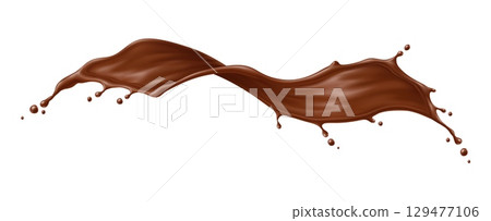 Chocolate drink flow splash wave flowing mid air, curves elegantly with droplets emphasizing motion. Realistic 3d vector twisted rich, dessert splash with velvety texture for sweet promo or food ads 129477106
