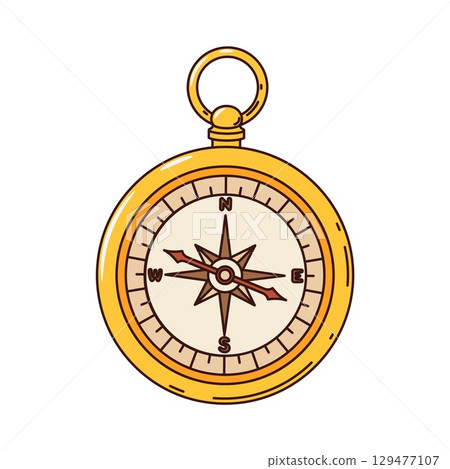 Cartoon groovy ancient pirate and corsair compass with a wind rose and cardinal directions. Vector vintage tool evokes navigation, adventure and exploration. Retro brass navigation nautical item Cartoon groovy ancient pirate and corsair compass with a wind rose and cardinal directions. Vector vintage tool evokes navigation, adventure and exploration. Retro brass navigation nautical item 129477107