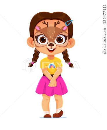 Holiday party kid with face paint mask of deer or reindeer, vector cartoon character. Funny girl kid in holiday costume with animal mask painted on face for birthday party or carnival masquerade Holiday party kid with face paint mask of deer or reindeer, vector cartoon character. Funny girl kid in holiday costume with animal mask painted on face for birthday party or carnival masquerade 129477111