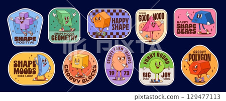 Math shape characters Christmas groovy label stickers set. Vector retro cartoon geometric forms with playful emotions and typography promoting positivity, fun, groove in a quirky, nostalgic y2k vibes 129477113