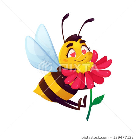 Cartoon funny cute bee character or honeybee in love with flower, vector insect. Funny comic bee or bumblebee with happy face and hearts in eyes hugging garden flower for kids cute insect mascot Cartoon funny cute bee character or honeybee in love with flower, vector insect. Funny comic bee or bumblebee with happy face and hearts in eyes hugging garden flower for kids cute insect mascot 129477122