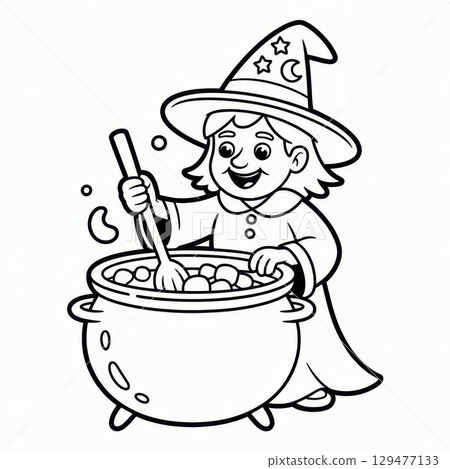 Black and White Line Art Illustration of a Smiling Witch Stirring a Cauldron Filled With Magical Ingredients 129477133