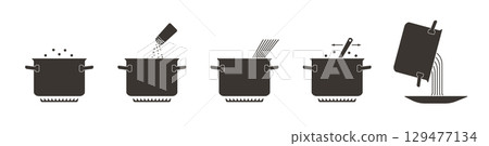 Pasta preparation process instruction. Step by step guide for spaghetti cooking. Pasta cooking instruction. Pasta recipe icons. Pasta preparation process instruction. Step by step guide for spaghetti cooking. Pasta cooking instruction. Pasta recipe icons. 129477134