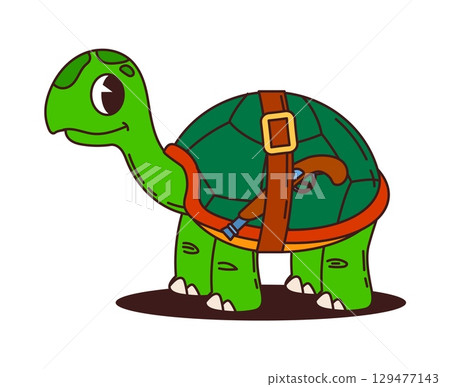 Cartoon funny turtle pirate animal character with pistol gun. Isolated vector cute and groovy reptile tortoise filibuster crew personage searching hidden treasures and engaging high seas adventures 129477143