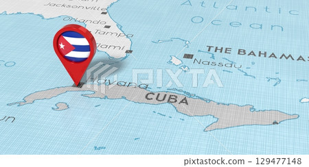 Cuba, Havana - location pin with national flag on political map - 3D illustration Cuba, Havana - location pin with national flag on political map - 3D illustration 129477148