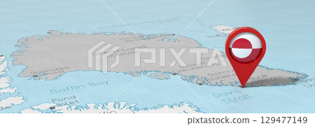 Greenland, Nuuk - location pin with national flag on political map - 3D illustration 129477149