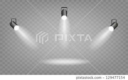 Spotlight lighting. Light source studio lighting walls spotlight. Light beams light effect. Vector 129477154