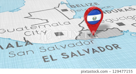 El Salvador, San Salvador - location pin with national flag on political map - 3D illustration 129477155
