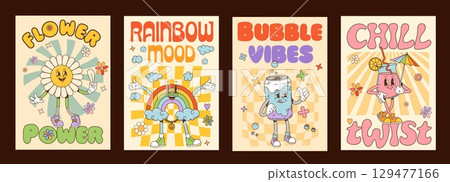 Groovy characters posters. Cartoon playful and cheerful retro flower, rainbow, soda can, and tropical drink y2k hippie personages expressing vibrant relaxed and positive summer vibes with text slogans Groovy characters posters. Cartoon playful and cheerful retro flower, rainbow, soda can, and tropical drink y2k hippie personages expressing vibrant relaxed and positive summer vibes with text slogans 129477166