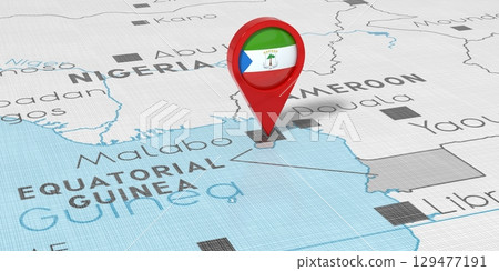 Equatorial Guinea, Malambo - location pin with national flag on political map - 3D illustration 129477191