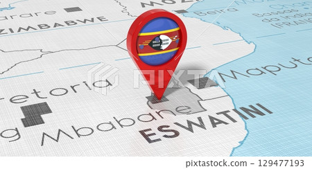 Eswatini, Mbabene - location pin with national flag on political map - 3D illustration 129477193