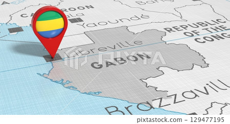 Gabon, Libreville - location pin with national flag on political map - 3D illustration 129477195