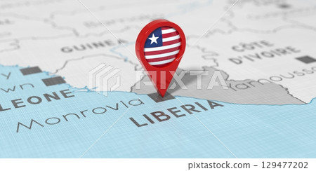 Liberia, Monrovia - location pin with national flag on political map - 3D illustration 129477202