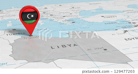 Libya, Tripoli - location pin with national flag on political map - 3D illustration 129477203