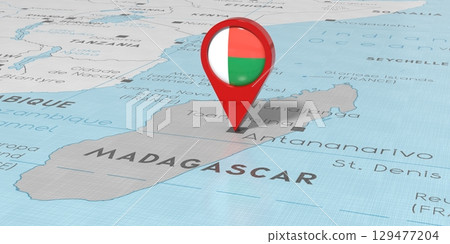 Madagascar, Antananarivo - location pin with national flag on political map - 3D illustration 129477204