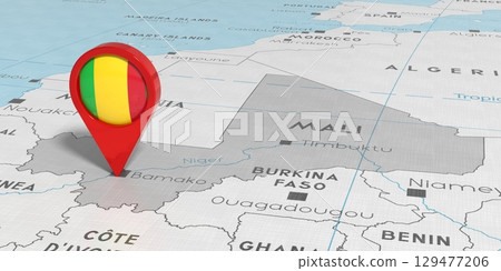 Mali, Bamako - location pin with national flag on political map - 3D illustration 129477206