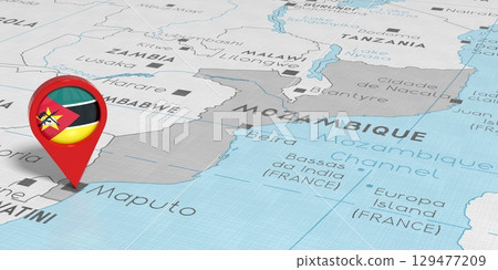 Mozambique, Maputo - location pin with national flag on political map - 3D illustration 129477209
