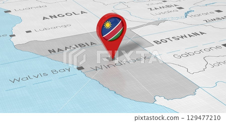Namibia, Windhoek - location pin with national flag on political map - 3D illustration Namibia, Windhoek - location pin with national flag on political map - 3D illustration 129477210
