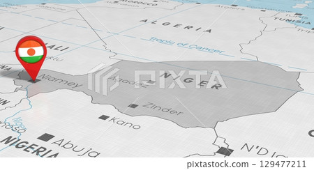Niger, Niamey - location pin with national flag on political map - 3D illustration 129477211