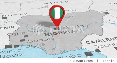 Nigeria, Abuja - location pin with national flag on political map - 3D illustration Nigeria, Abuja - location pin with national flag on political map - 3D illustration 129477212