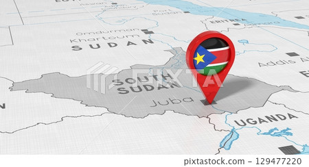South Sudan, Juba - location pin with national flag on political map - 3D illustration South Sudan, Juba - location pin with national flag on political map - 3D illustration 129477220