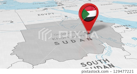 Sudan, Khartoum - location pin with national flag on political map - 3D illustration 129477221