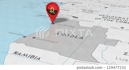 Angola, Luanda - location pin with national flag on political map - 3D illustration 129477232