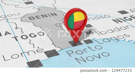 Benin, Porto-Novo - location pin with national flag on political map - 3D illustration Benin, Porto-Novo - location pin with national flag on political map - 3D illustration 129477233