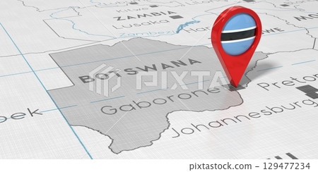 Botswana, Gaborone - location pin with national flag on political map - 3D illustration Botswana, Gaborone - location pin with national flag on political map - 3D illustration 129477234