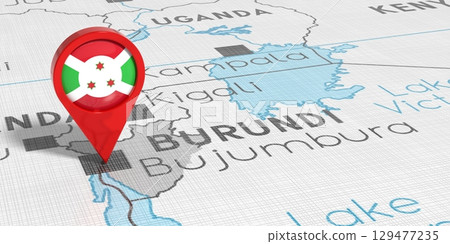 Burundi, Bujumbura - location pin with national flag on political map - 3D illustration Burundi, Bujumbura - location pin with national flag on political map - 3D illustration 129477235