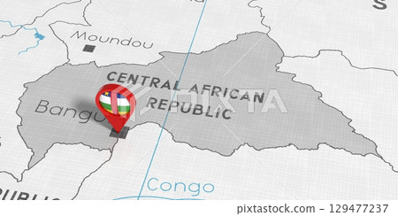 Central African Republic, Bangui - location pin with national flag on political map - 3D illustration 129477237
