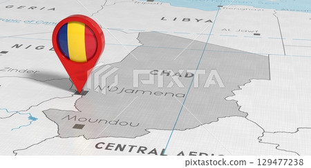 Chad, N'Djamena - location pin with national flag on political map - 3D illustration Chad, N'Djamena - location pin with national flag on political map - 3D illustration 129477238